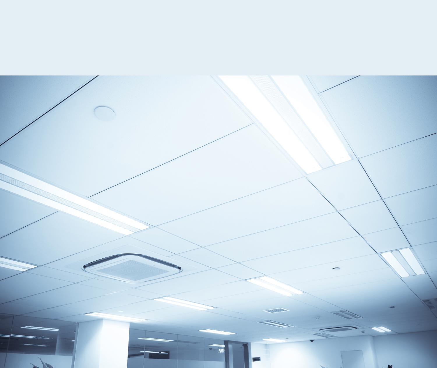 Inefficient, costly fluorescent bulbs on office ceiling