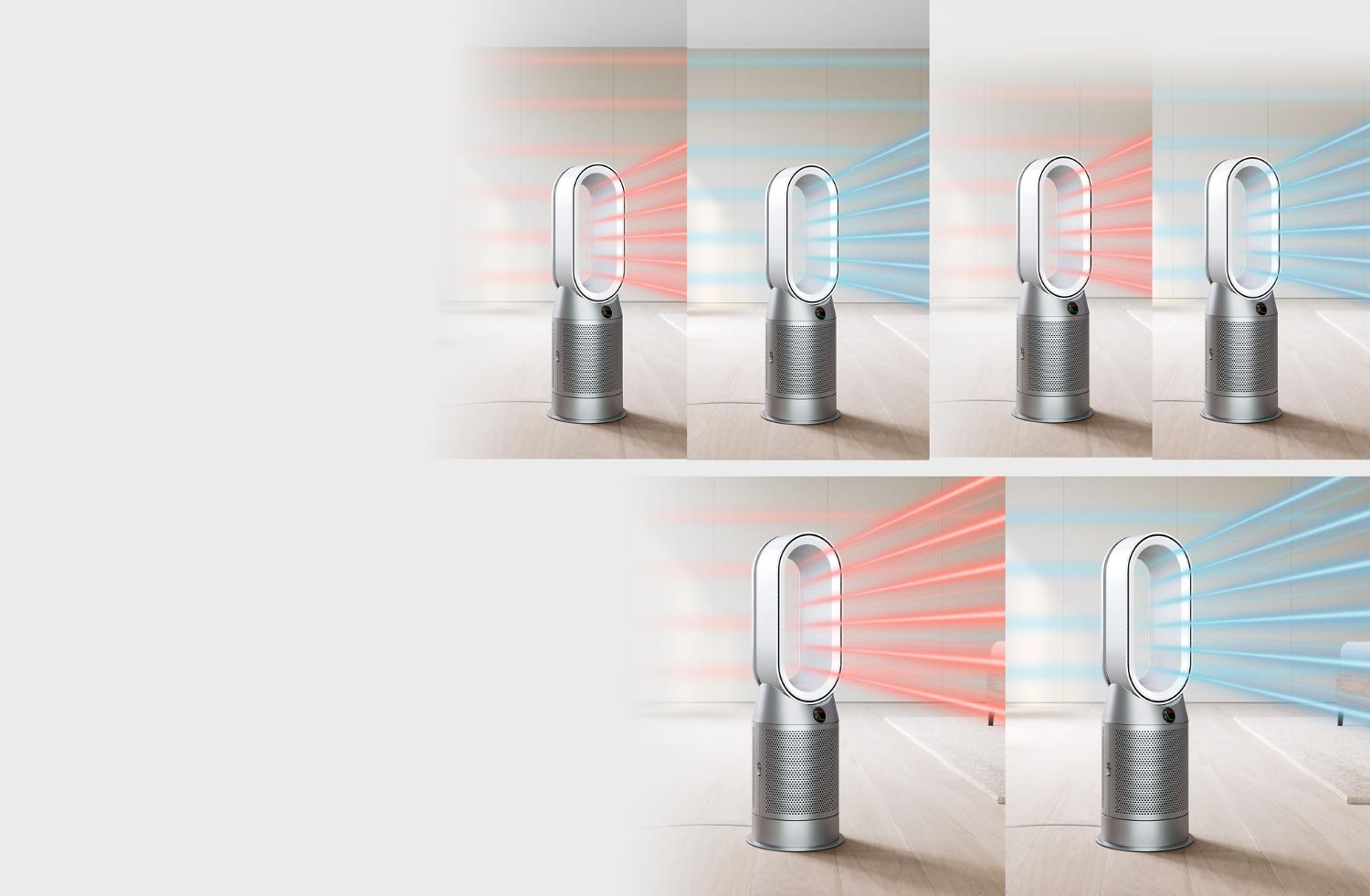 Deux ventilateurs chaufferettes Dyson Purifier Hot+Cool dans une pièce dont les fonctions de chauffage et de refroidissement sont mises en valeur.