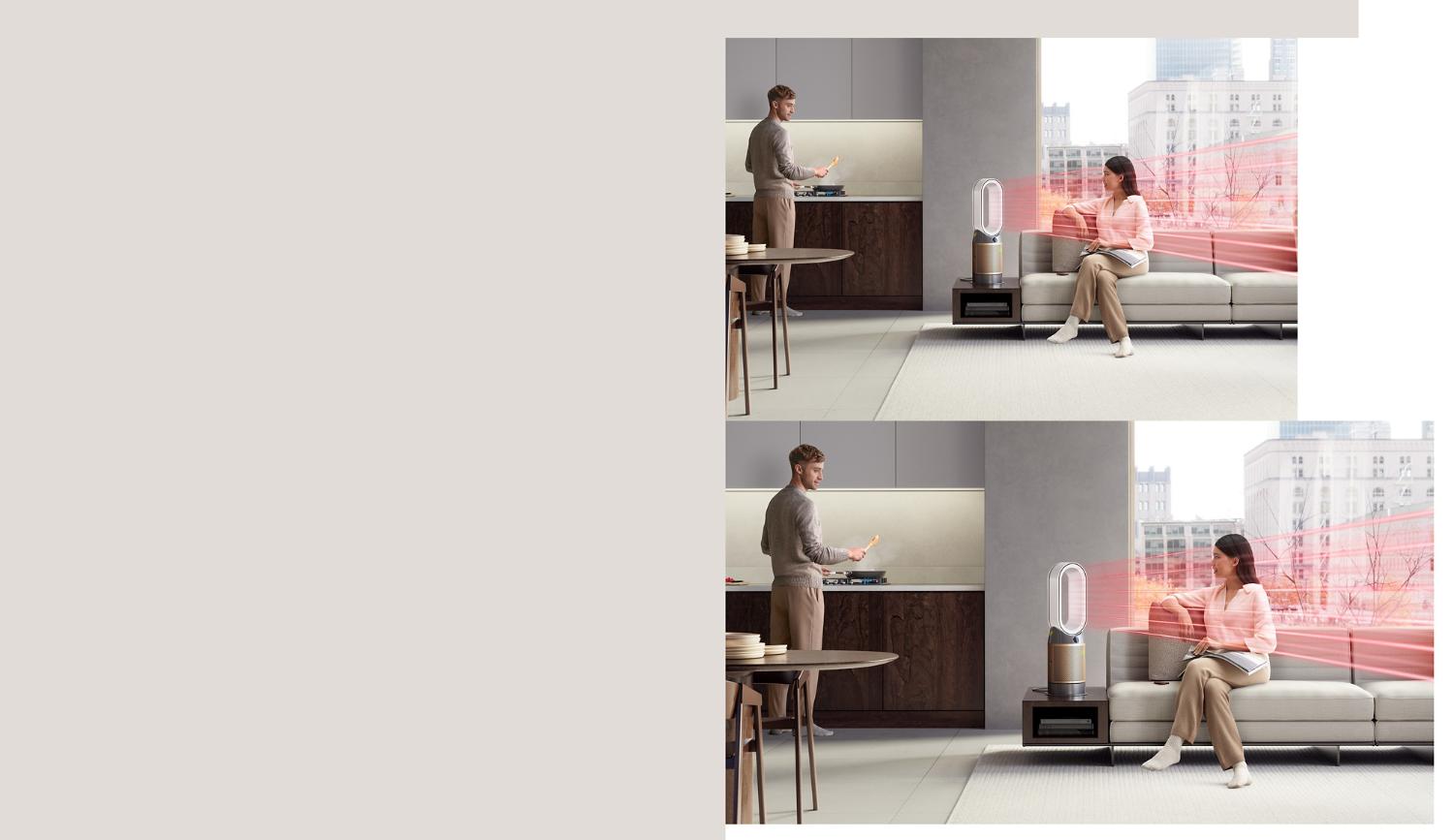 The Dyson Purifier Hot+Cool Formaldehyde in a living room while a couple cook and relax.