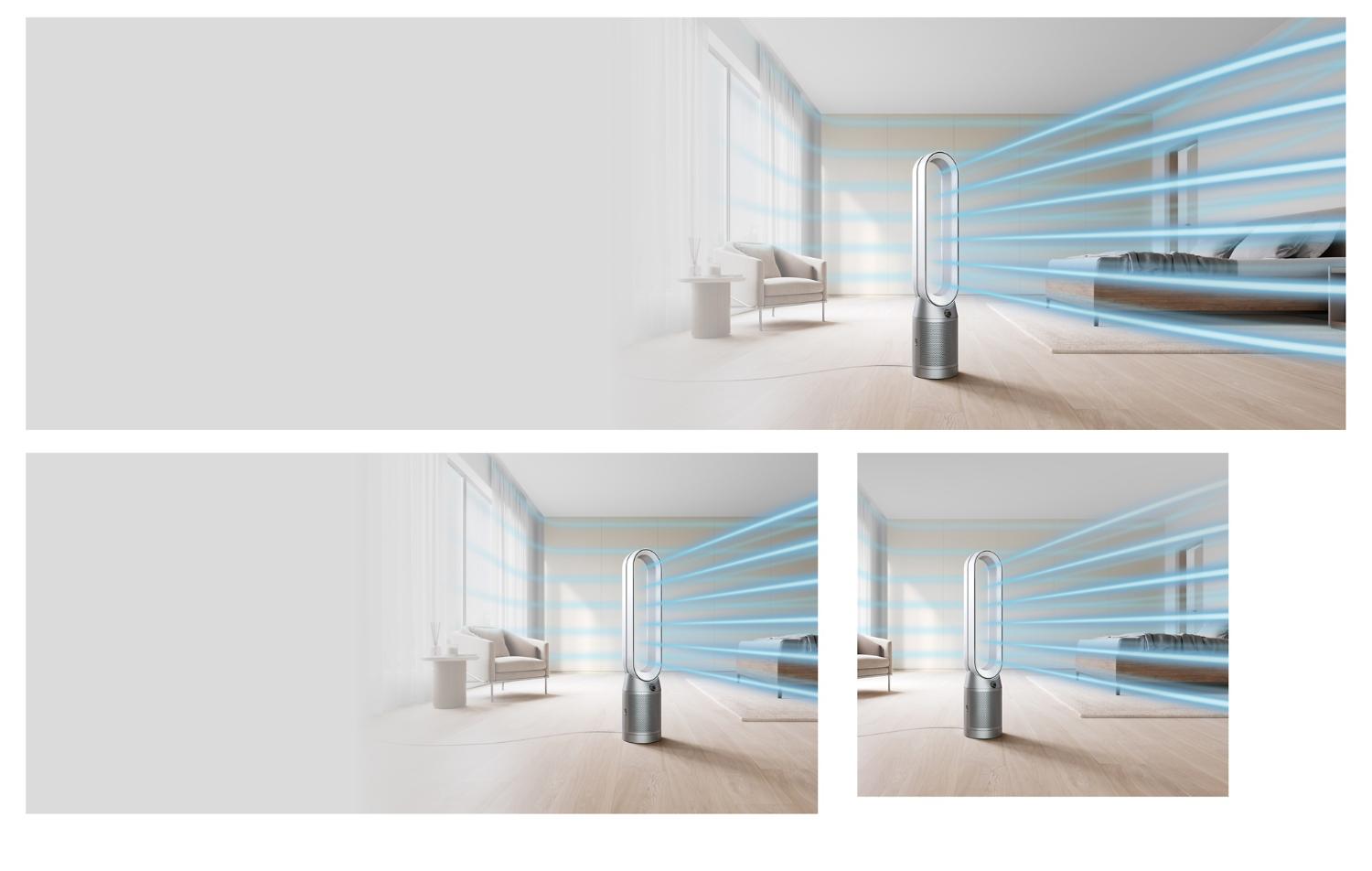 A Dyson Purifier Cool Gen1 TP10 purifying fan creates powerful, purified airflow in a large room.