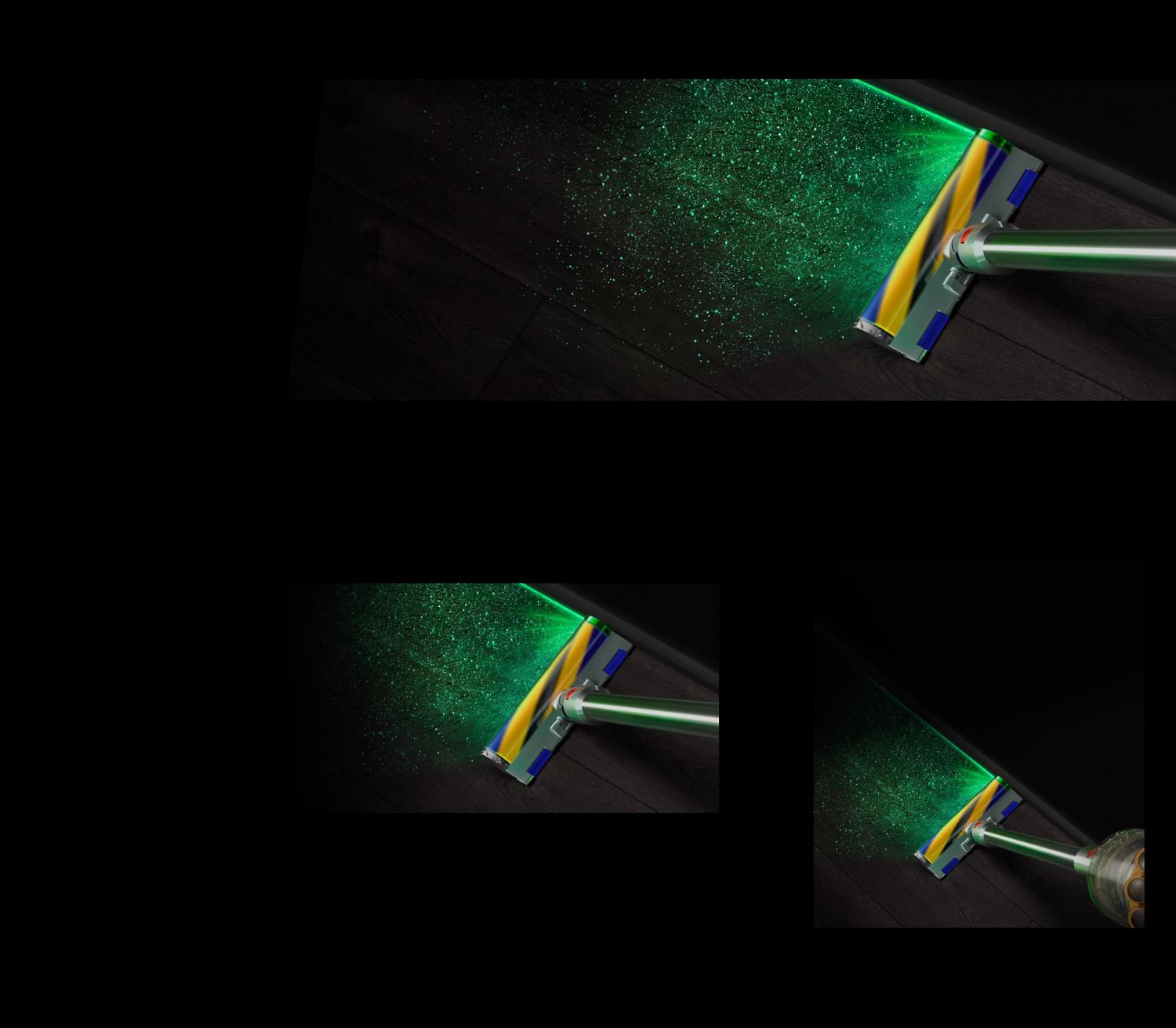 The Fluffy Optic cleaner head on the Dyson V15 illuminating dust on hard floor.