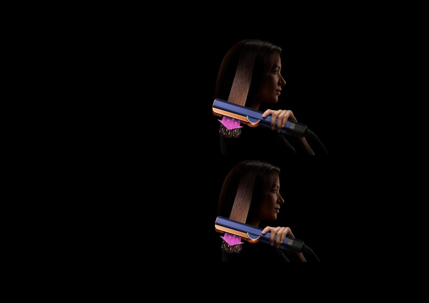 A woman uses a Dyson Airstrait straightener to dry and straighten a tress of her hair.