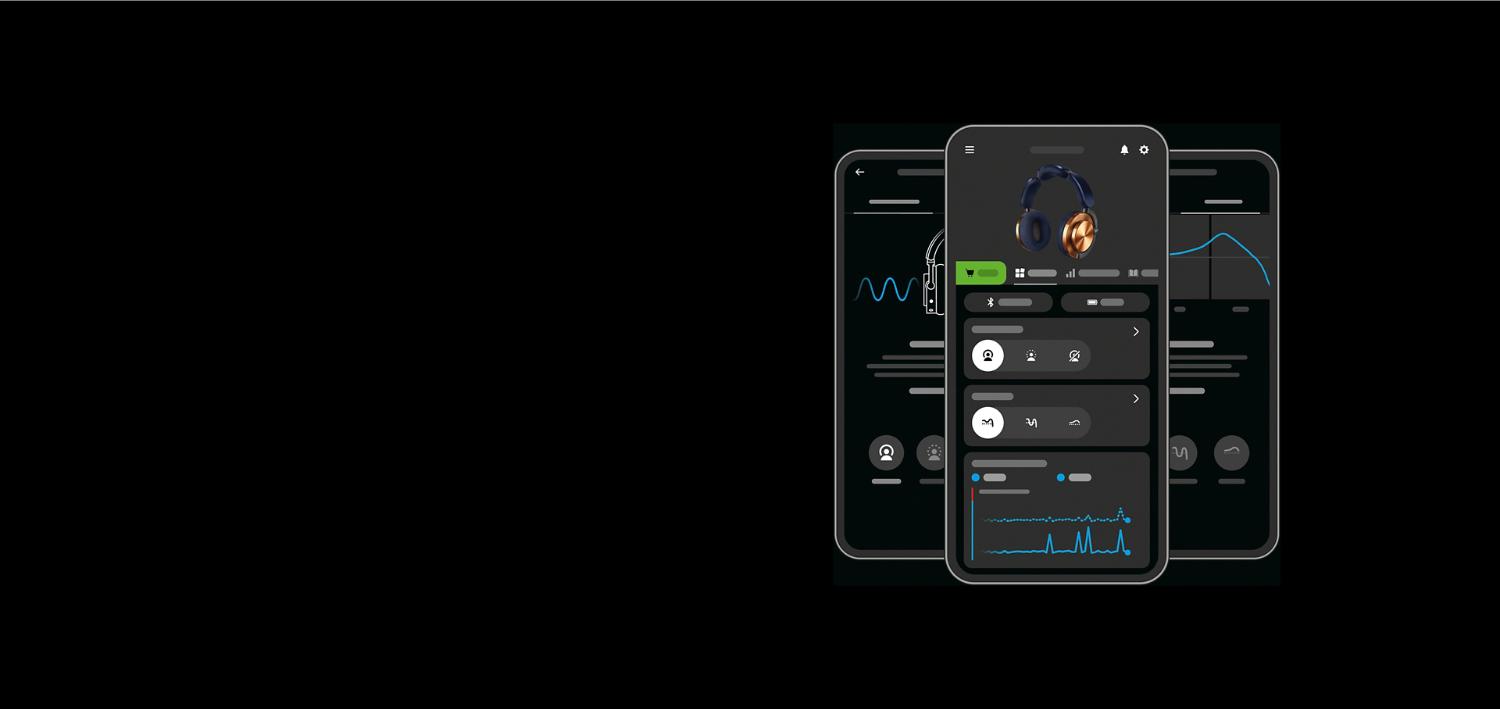 Phone screens showing the EQ settings, ANC settings and Noise pollution pages on the MyDyson app.
