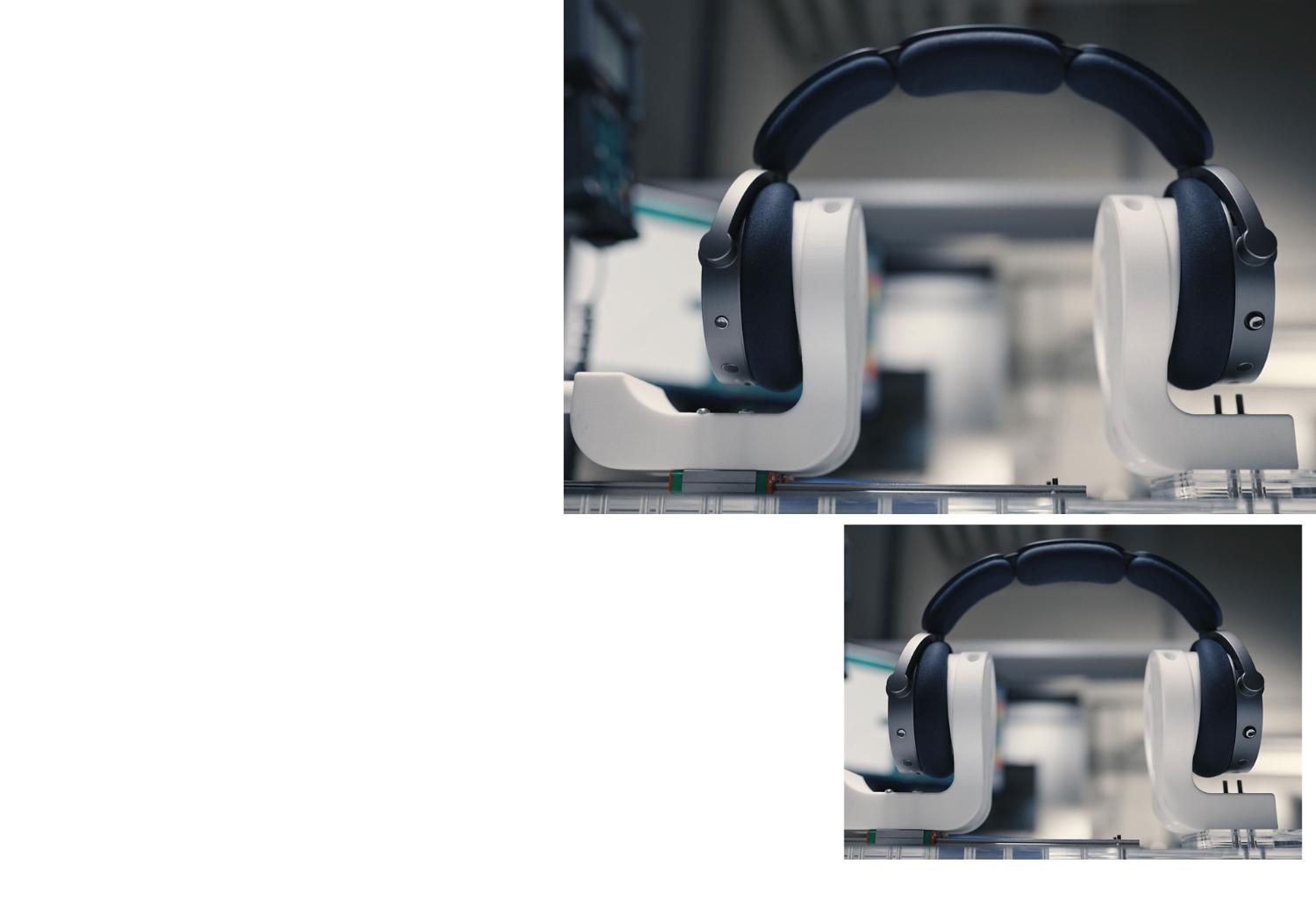 Dyson OnTrac headphones on a gimbal engineering test machine.