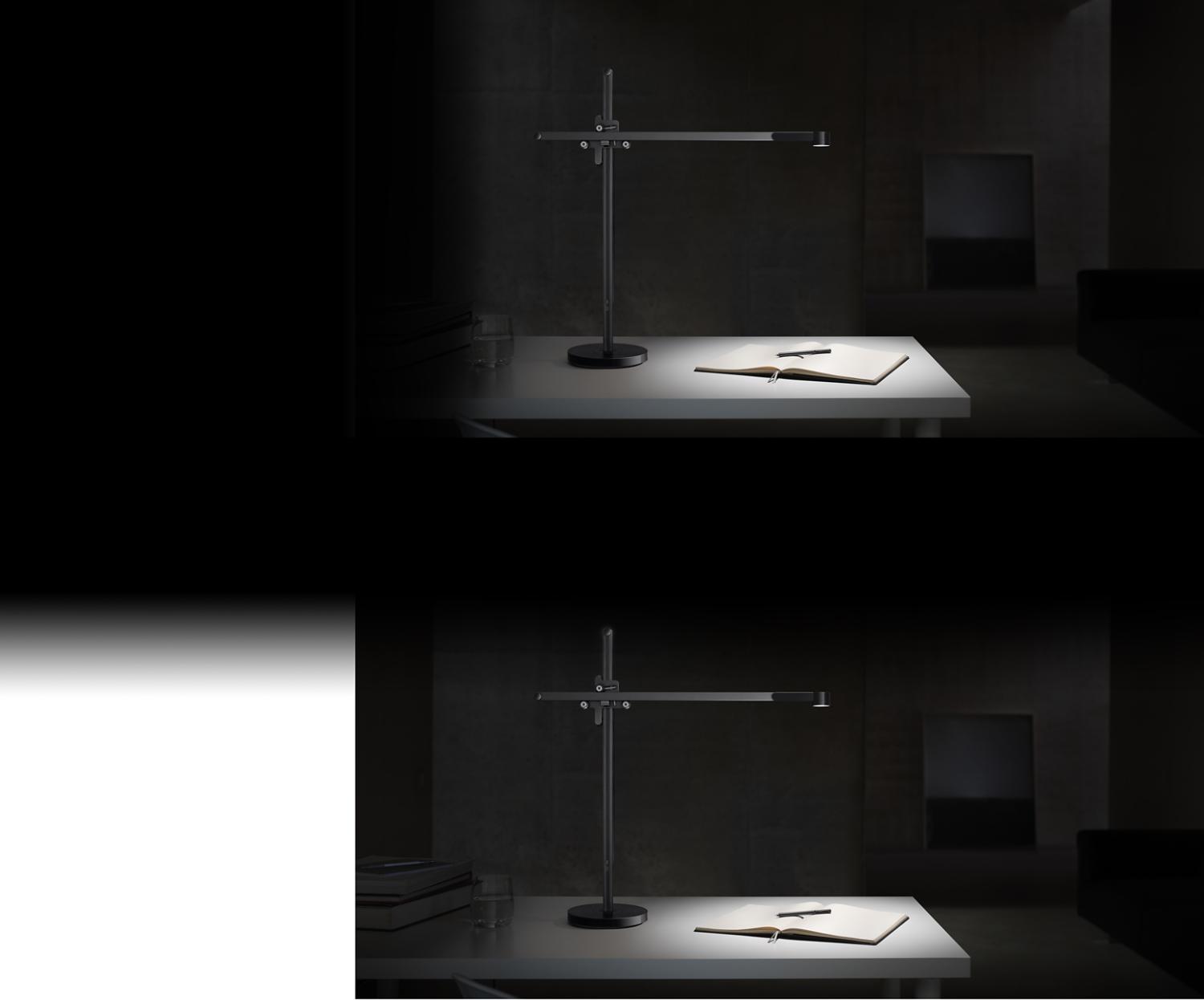 Lampe de travail Dyson CSYS™ sur le bureau dans l'obscurité