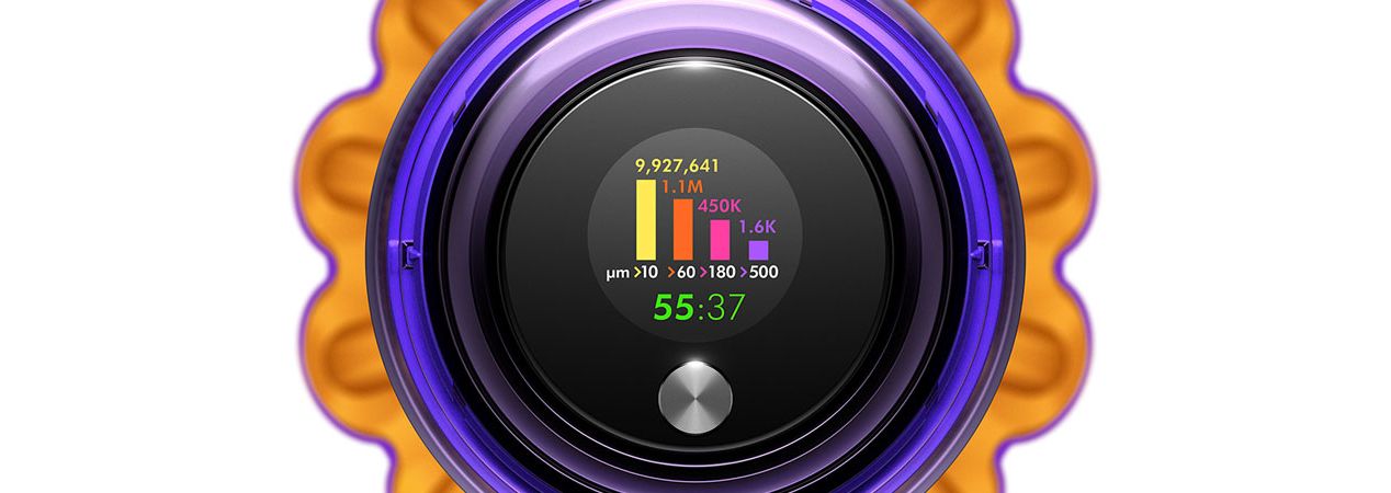 Pantalla LCD de la aspiradora Dyson V15 que muestra el recuento de partículas en tiempo real