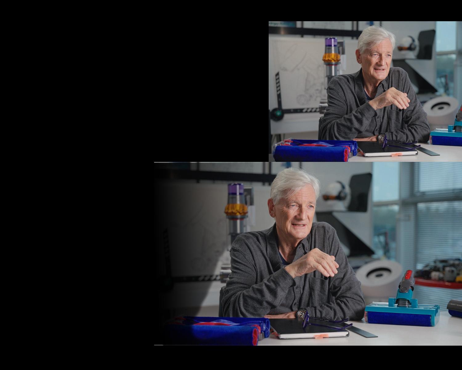 James Dyson sitting in his office, surrounded by Dyson products and parts.